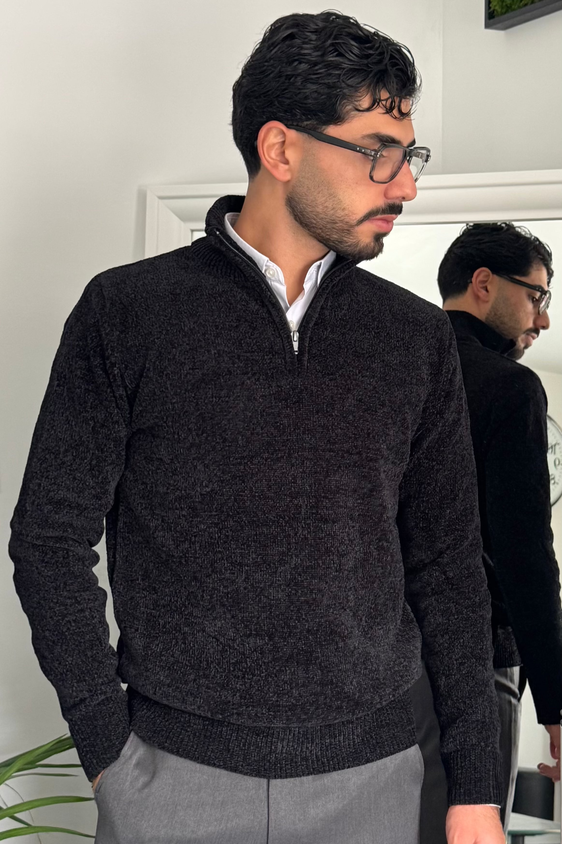 Pull Zippé Homme - Gris - Noir
