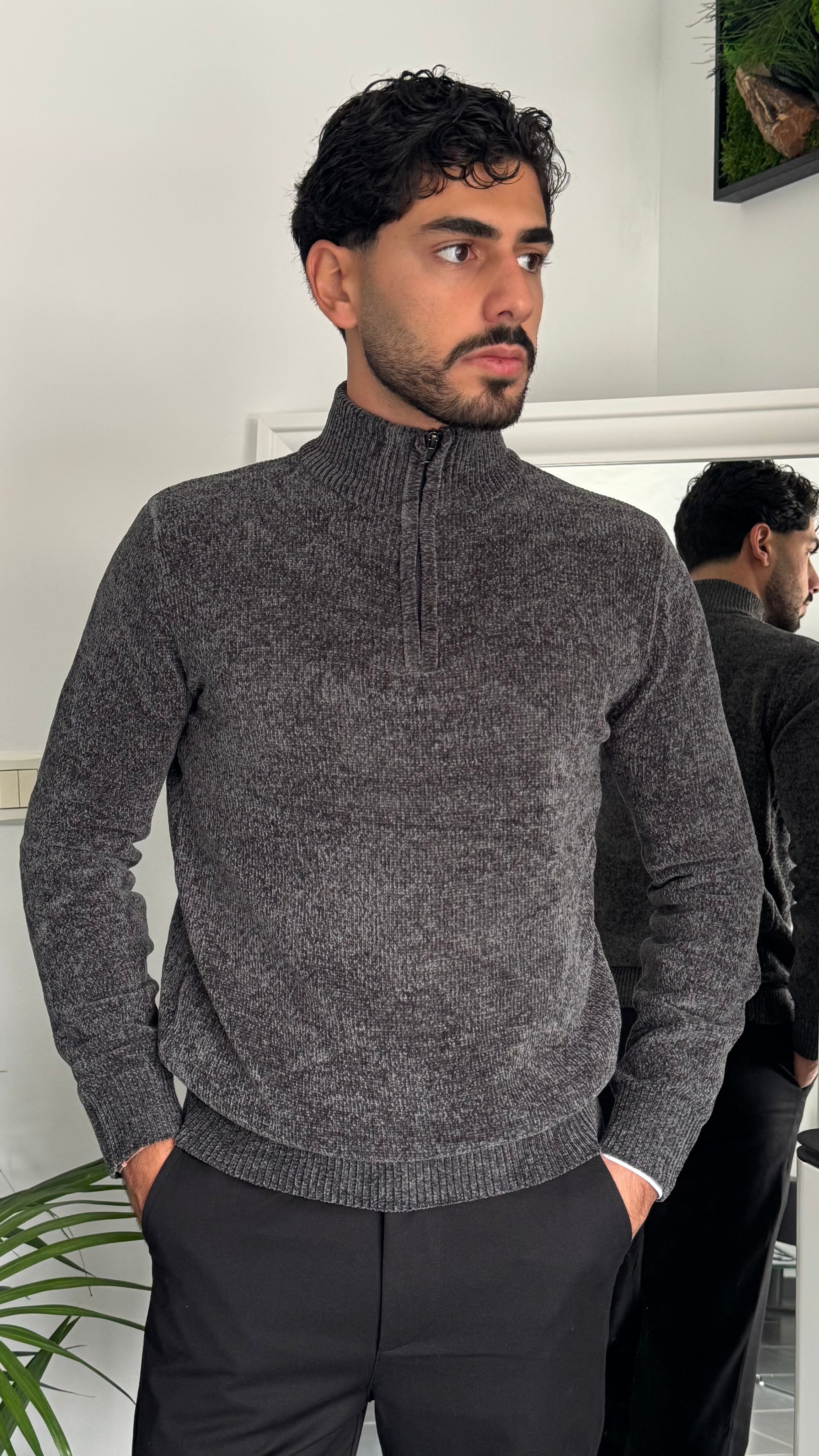 Pull Zippé Homme - Gris - Noir