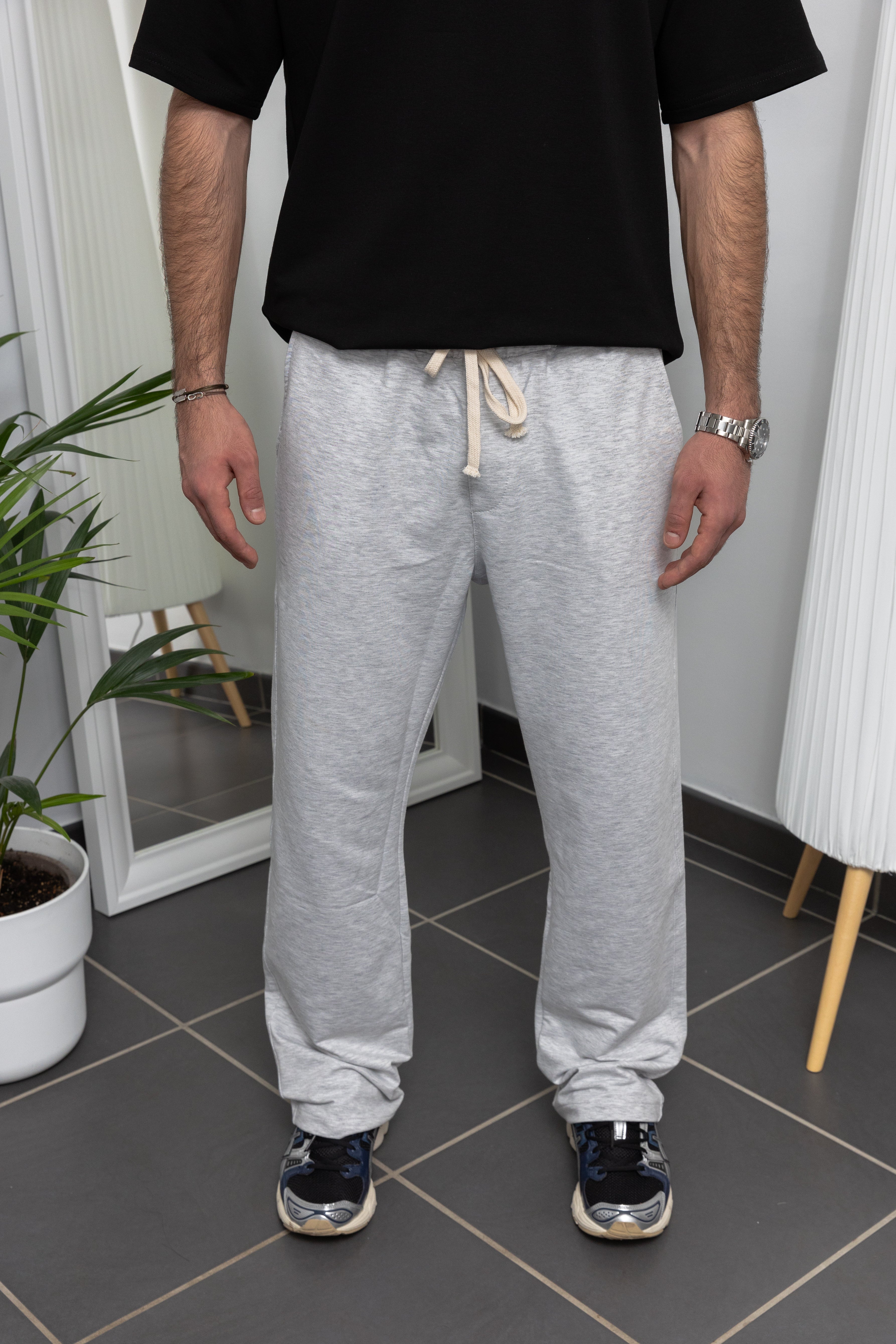 Pantalon coupe droite en coton - Gris / Noir