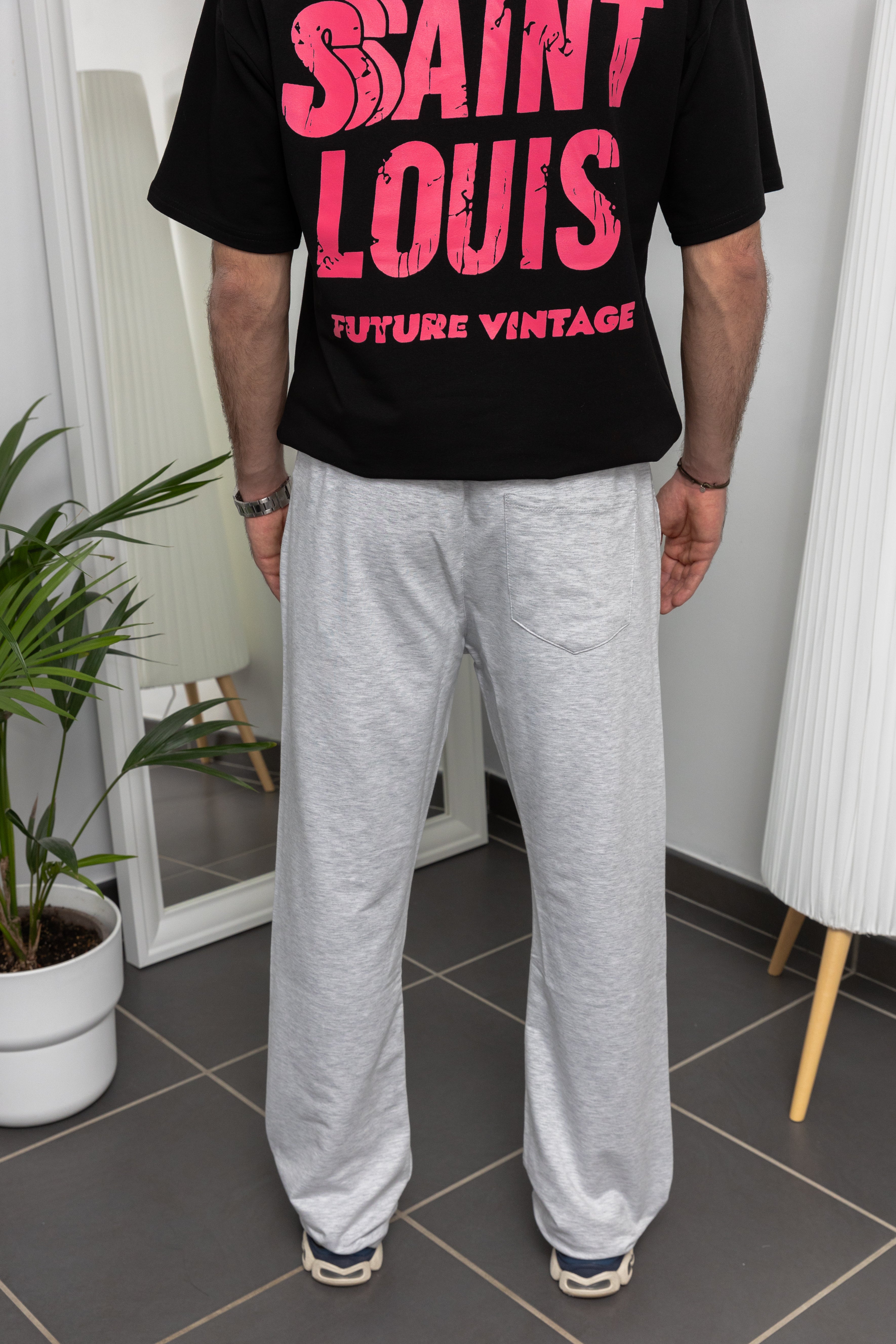Pantalon coupe droite en coton - Gris / Noir