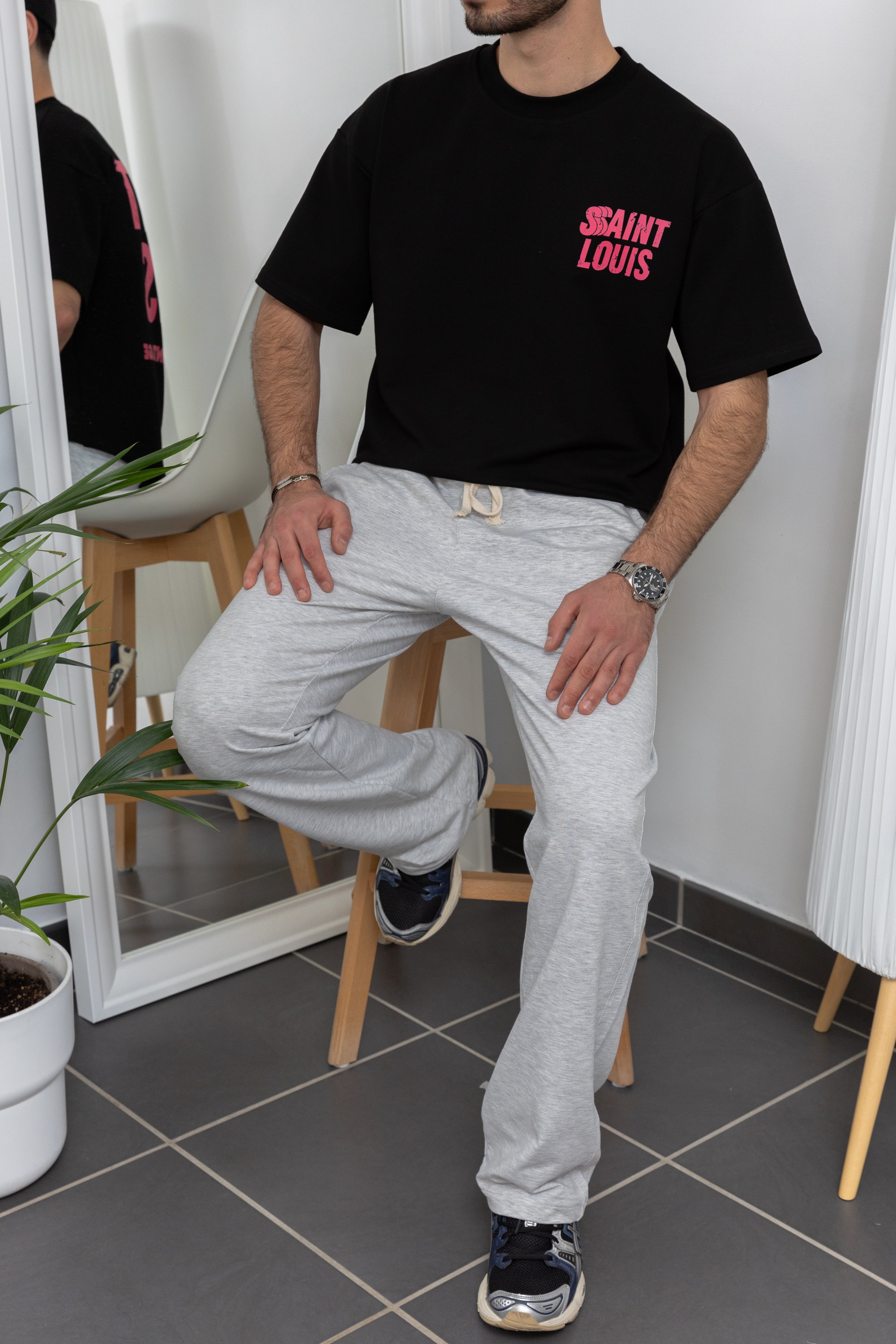 Pantalon coupe droite en coton - Gris / Noir